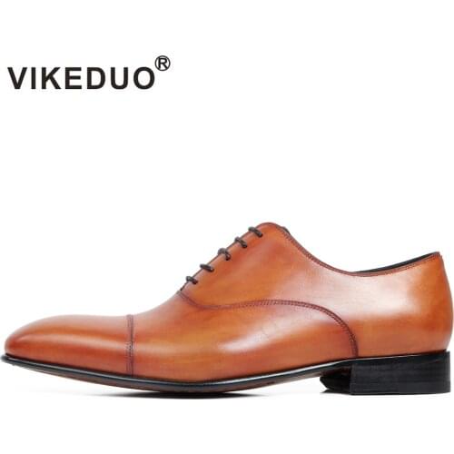 VIKEDUO 2020 Plain Handmade Brown Shoes Male Genuine Cow Leather Mans Footwear Wedding Office Business Patina Zapato de Hombre