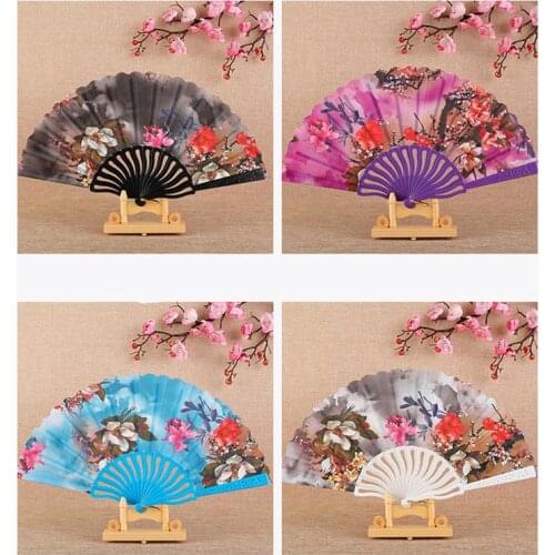 Vintage Folding Fan Style Chinese Gardenia Flowers Hand Fans Wedding Women Dance Party Manual Fan Photo Props Home Ornaments