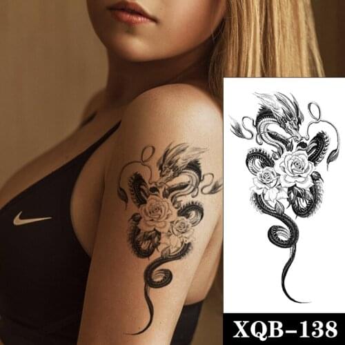 Temporary Tattoo Stickers Japanese Evil Dragon Plain Flowers Rose Fake Tattoos Waterproof Tatoos Arm Large Size for Women Men