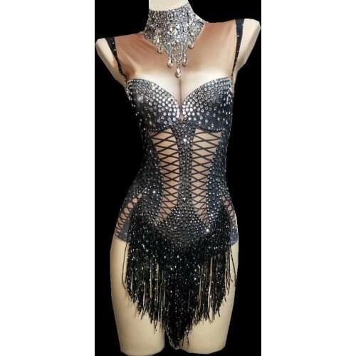 Sparkly Crystals Black Fringes Bodysuit Women Bling Rhinestones DJ Jazz Dance Costume Stage Performance Nightclub Show Outfit