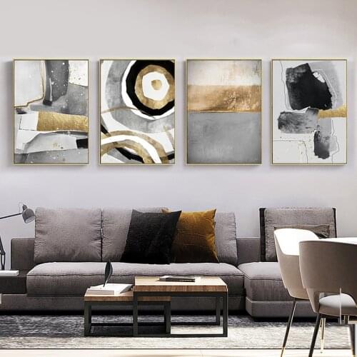 Abstract Golden and Gray Pattern Canvas Panting Modern Fried Egg Wall Art Scattered Dots Poster and Print Living Room Home Decor