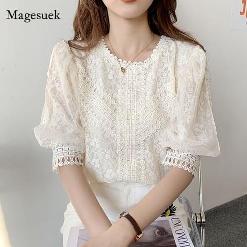 Loose Lace Women Blouses Summer New Lantern Sleeve Vintage Shirt Elegant Patchwork Crochet Womens Clothing Blusas Mujer 14376