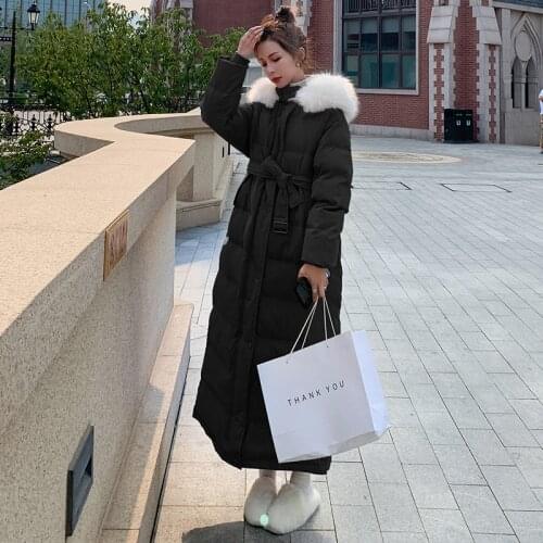 Long 90% White Duck Down Womens Cotton Jacket 2021 Winter New Plus Korean Hooded Big Fur Collar Loose Thick Solid Color Coat