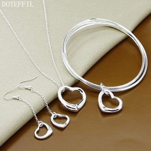 DOTEFFIL 925 Sterling Silver Heart Necklace Bangle Long Earring Set For Woman Wedding Engagement Party Fashion Charm Jewelry