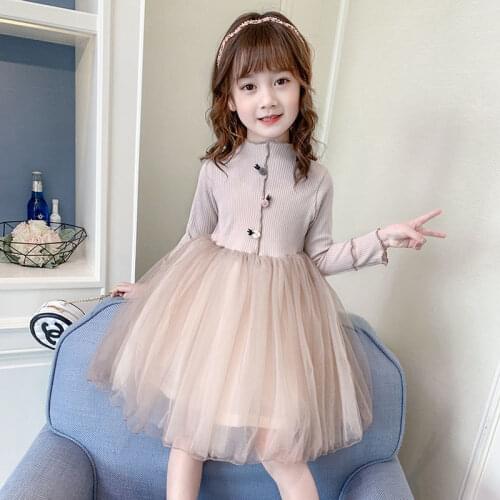 Dresses for Girls Elegant Long Sleeve Patchwork Dress with Flower Buttons Party Birthday Clothes Baby Girls Clothes for 4-13Y