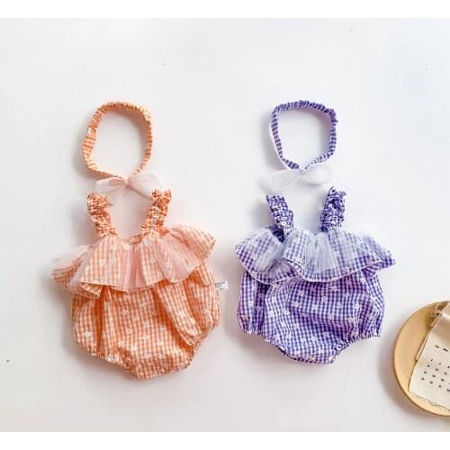 2020 Sweet Orange Bodysuit 2pcs Newborn Baby Girl Clothes Off Shoulder Lace Ruffle Jumpsuit Playsuit+Headband Summer Outfit