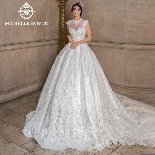 Michelle Royce Ball Gown Wedding Dresses 2020 Sexy O-Neck Appliques Illusion Button Palace Dream Bridal Gowns Vestido De Noiva