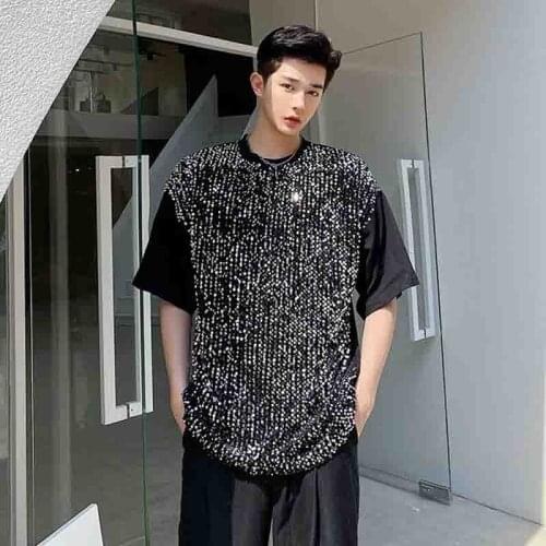 Mens T-shirt personalized casual splicing ins fashion T-shirt night short sleeve sequins loose shop fashion mens fashion