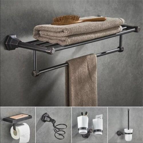 Bathroom Accessories Set Towel Rack Paper Holder Soap Basket Toilet Brush Holder Solid Brass Bath Hardware Set Black Oil Brushed