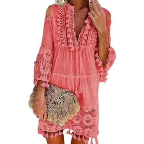 Womens Shift Dress Long Sleeve Tassel Fringe Lace Robe Strapless Deep V-Neck Female Summer Casual Boho Vacation Dresse 2021New