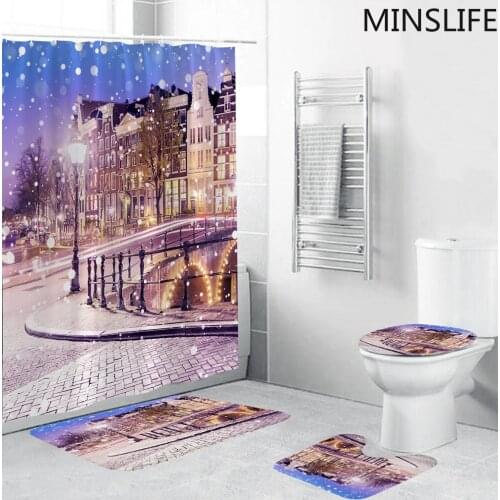 Romantic Snow Street Lamp Landscape Pattern Bathroom Set with Waterproof Shower Curtains and Rugs Non-slip Bath Mat Toilet Cover