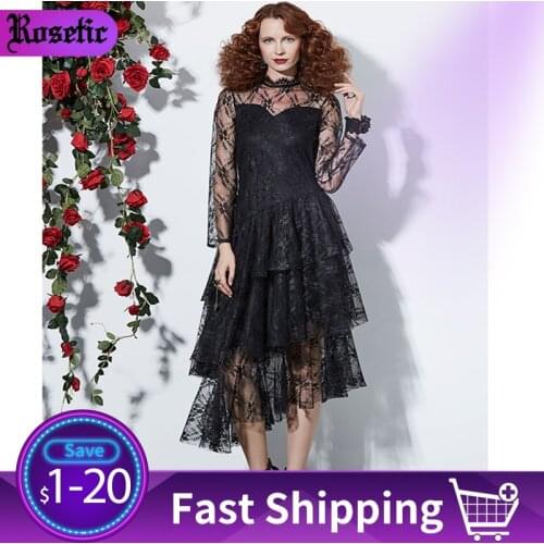 Rosetic Women Sexy Lace Dress Black Gothic Ruffles Asymmetric Mesh See Through Elegant Ladies Summer Club Party Midi Dresses