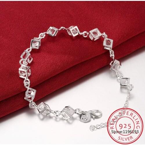 Luxury 925 Sterling Silver Bracelet Austrian Crystal Cubes Chain Linked Fine Jewelry For Woman Gift Pulseira