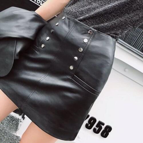 Sexy Women Slim Fit Wrap Genuine Leather Skirt High Street Buttons High Waist A Line Skirts Fashion Brand Casual Ladies Skirt