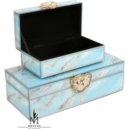 Modern Luxury Jewelry Box Sapphire Texture Glass Decor Box With Blue Agate Piece Crafts Home Jewelry Box Ornaments Gifts