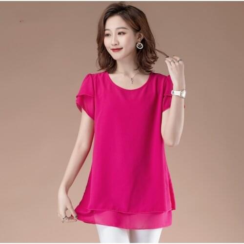 Office Lady Summer Blouse Women Chiffon Work Slim Shirts O-Neck Short Sleeve Tops Shirt Two Layer Ruffles Blusas Plus Size M-8XL