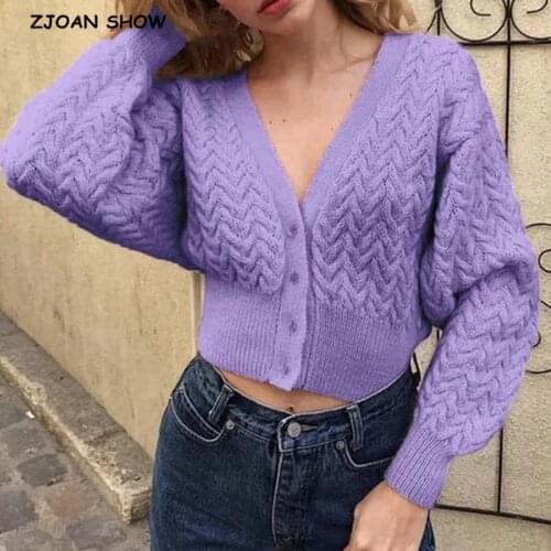 2021 Vintage V Neck Twist Knitted Cropped Cardigan Single-breasted Buttons Sweater Woman Long Sleeve Jumper Retro Knitwear