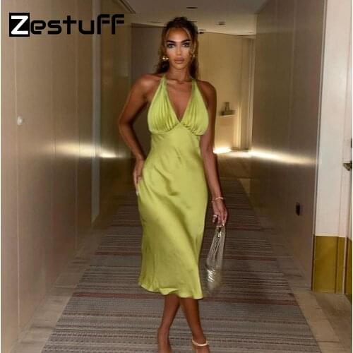 Zestuff Female V-Neck Stretch Satin Midi Dresses Sexy Night Club Outfits Backless Elegant Spaghetti Strap Party Dress