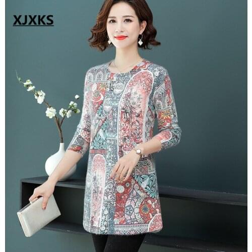 XJXKS High-end digital printing women dress 2019 winter new loose plus size women cashmere + rabbit plush knitted long sweater