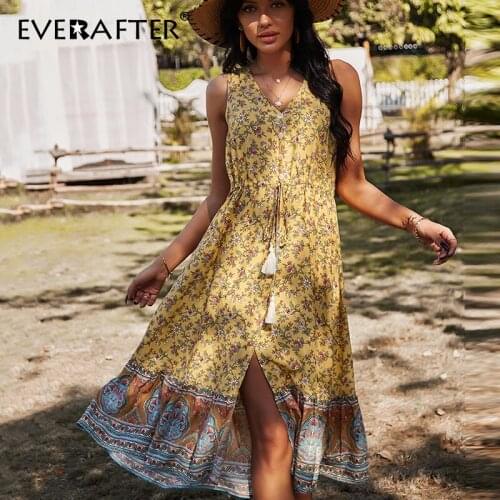 EVERAFTER Boho Floral Print V-Neck Sleeveless Dress Summer High Waist Sashes Dress Women Loose Button Beach Long Dress Vestidos