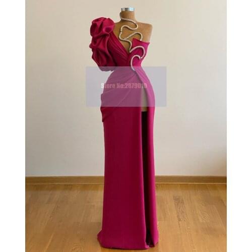 Fuchsia Elegant Designer Evening Dress Sheath Necklace Floor-Length Slit Robe De Soiree Aibye Prom Dress Saudi Arabia 2020 Dubai