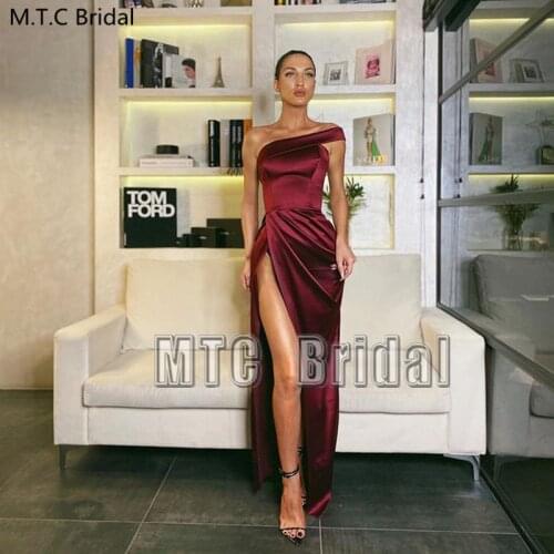 Wine Sexy Long Prom Dresses One Shoulder High Slit Pleat Satin Formal Women Dress Plus Size Evening Party Occasion Gowns Cheap