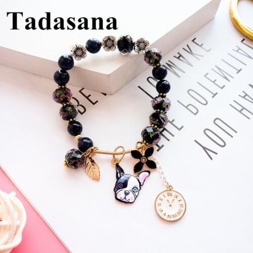 Handmade Natural Stone Beads Bohemian Bracelet Ladies Lovely Dog Metal Clock Pendant Charm Bracelet Jewellery Vintage