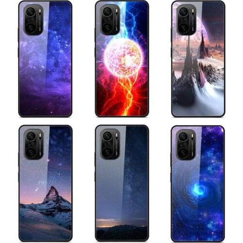Case Redmi K40 Phone Case Back Cover Black Silicone Bumper With Tempered Glass Star Sky Pattern