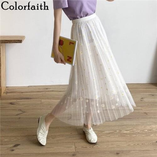 Colorfaith 2020 Womens Summer Skirts Casual Elegant Fashionable High Waist Print Floral Tulle Sweet Pleated Long Skirts SK1033
