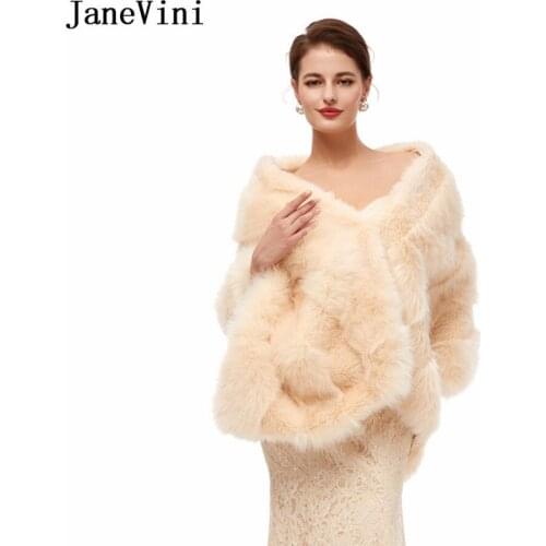 JaneVini 2021 Winter Faux Fur shawl Wedding Bolero Women Jacket Champagne Ladies Formal Capes Wraps Stoles stola elegante donna
