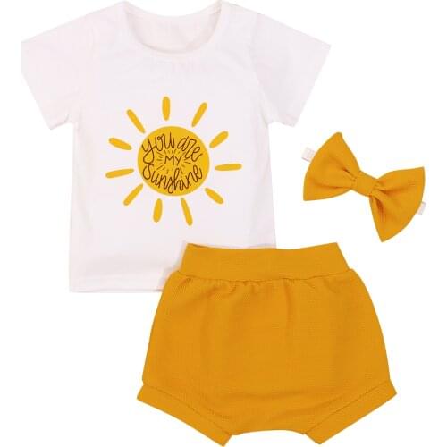 Kids Suit Set, Girls Sun Letter Print O-Neck Short Sleeve Tops+ Solid Color Shorts+ Headband, 6 Months-3 Years
