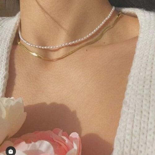 2 Pieces Imitation Pearl Beads Necklace And Gold Color Copper Snake Chain Short Choker Necklace Set