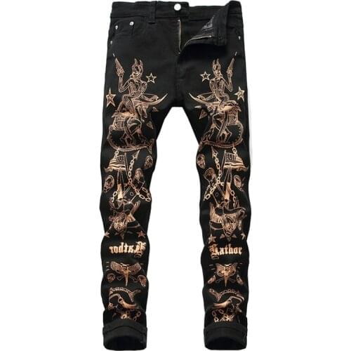Sokotoo Mens slim 3D print jeans Fashion sexy beauty flag skull painted black stretch denim pants
