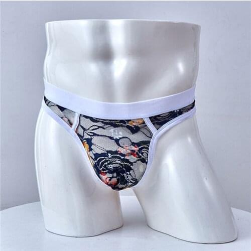 2021 New Men Underwear Sexy Low-rise Thong For Male Lace Print Men Briefs Men See Through G-String Transparent Lingerie