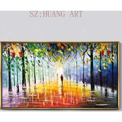 Handpainted Modern Art Beautiful Night Scenery Palette Knife Street Art Oil Carving Knife Painting on Canvas Wall Decor