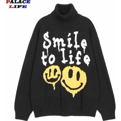 Harajuku Retro Smiley Letters Knitted Sweater Mens Hip Hop Streetwear Couples Loose Warm Cotton Pullover Sweaters Autumn 2021
