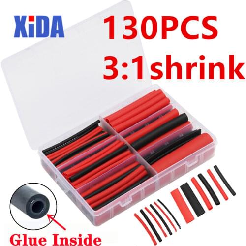 130Pcs 3:1 red black Shrink Ratio Dual Wall Adhesive Lined Heat Shrink Tubing Tube 6 Size kit shrinkable tube