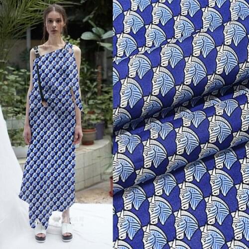 Horse blue mulberry silk crepe DE chine cotton and linen fabrics print fabric for skirt dress 50*110cm