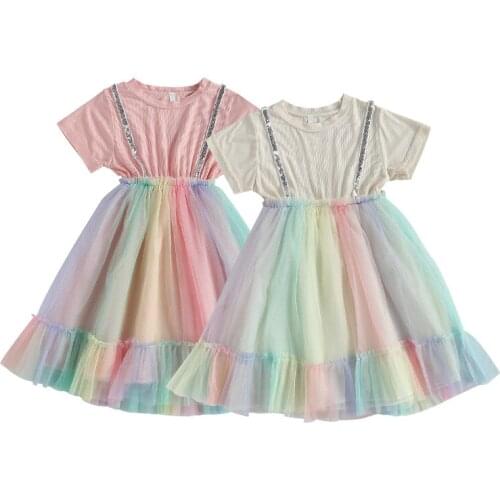 FOCUSNORM 5-11Y Summer Kids Girls Casual Dress Knit Lace Patchwork Rainbow Print Knee Length Tutu Dress