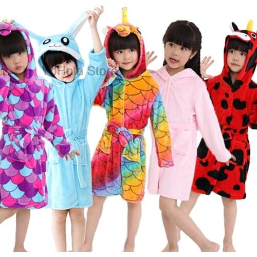 Winter Girls Kigurumi Children Bathrobe Baby Bath Robe Animal Rainbow Unicorn Hooded Bathrobes Pyjamas Nightgown Kids Sleepwear