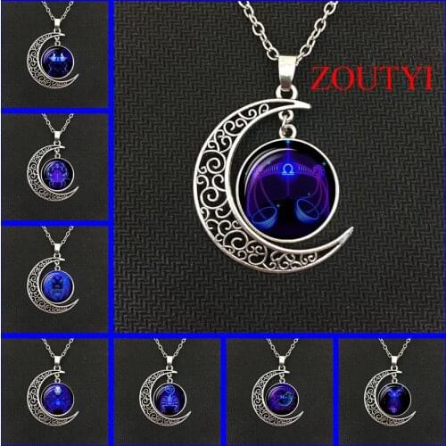 2018/fashion hot money Galaxy constellation design 12 horoscope constellation astrology female male glass convex moon necklace