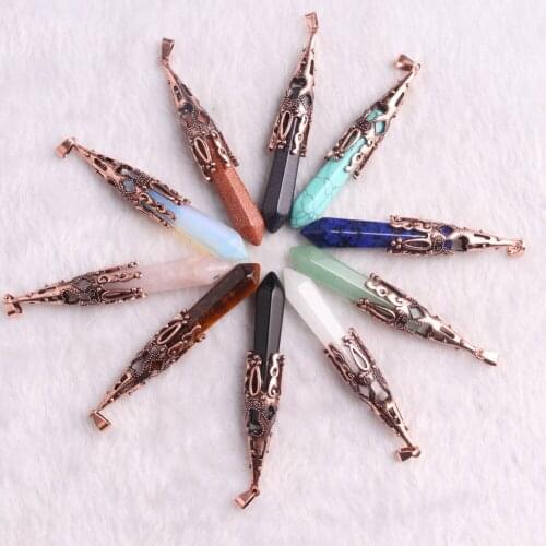 New Style 6pcs/Lot Natural Stone Pendant Hexagon Column Crystal Pillar Bronze Color Chakra Crystal Pendants Reiki Necklace