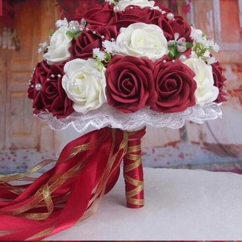 2020 Beautiful Handmade Flowers Decorative Artificial Rose Flowers Pearls Bride Bridal Lace Accents Wedding Bouquets with Ribbon