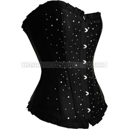 Black Satin Rhinestones Corset Lace up Boned Overbust Bustier Sexy Party Costume PLUS SIZE S M L XL 2XL 3XL 4XL 5XL 6XL