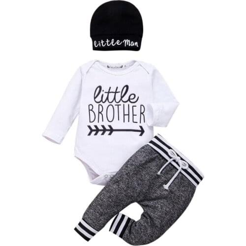 Kid Baby Boy Clothes Spring Autumn Long Sleeve Letter Print Romper Tops Long Striped Patchwork Pants Hat 3PCS Outfit