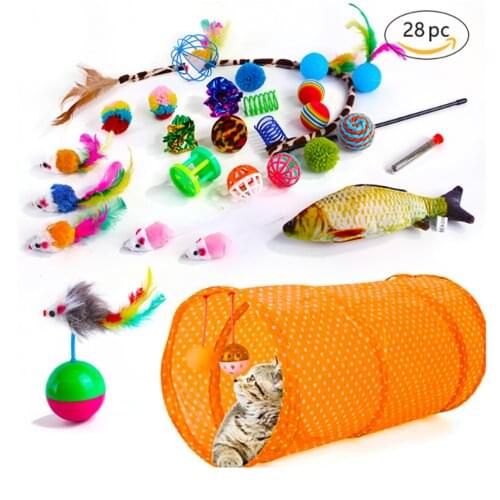28Pcs/Set Cat Toys Assorted, Cat Tunnel Catnip Fish Feather Teaser Wand Fish Fluffy Mouse Mice Balls and Bells Toys for Cat