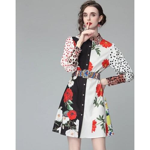 JSXDHK2021 Summer Runway Shirt Dress Vintage Women Rose Flower Printed Lantern Sleeve Elegant Leopard Dot Female Dress With Belt