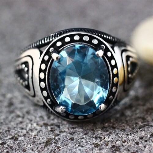 Punkboy Retro Style Mens Ring Ancient Silver Color Engraved Pattern Light Blue Crystal Male Ring for Party Jewelry Size 6-11