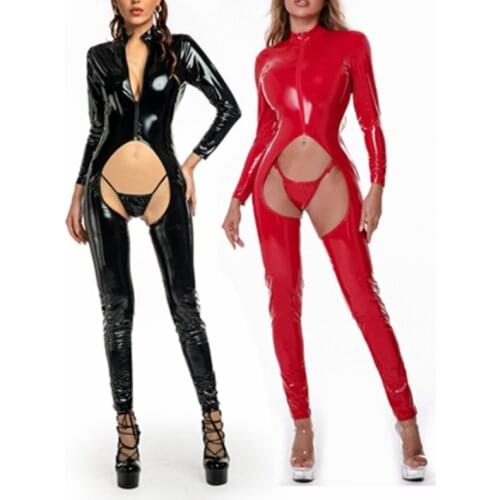 Shiny PVC Zipper Crotch Hollow Out Jumpsuit Erotic Nightclub Wear Rompers Sexy Jumpsuits Women Wet Look Faux Leather Bodysuits