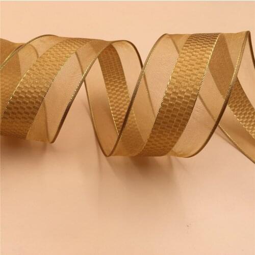38MM X 25 Yards Old golden Organza Jacquard Lattice Check Wire Edge Ribbon for Birthday Decoration Gift Wrapping 1-1/2"